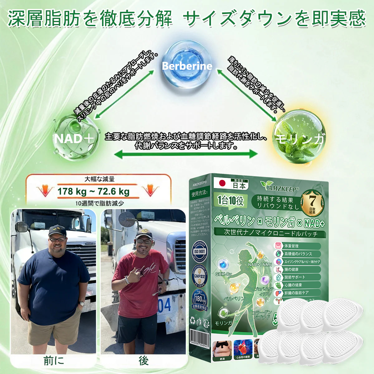 🇯🇵 公式オンラインショップ | 💯𝐀𝐌𝐙𝐊𝐄𝐄𝐏® モリンガ・ベルベリン×NAD+ 10-in-1 ダイエットパッチ（即効性、わずか7日間で効果を実感） ✅ 減量、たるんだ肌の引き締め、血糖値ケア、睡眠時の呼吸サポート、関節の悩みの改善に