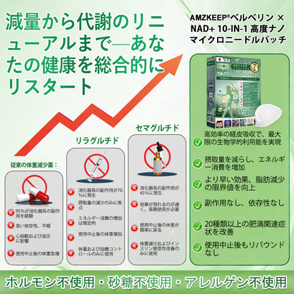 🇯🇵 公式オンラインショップ | 💯𝐀𝐌𝐙𝐊𝐄𝐄𝐏® モリンガ・ベルベリン×NAD+ 10-in-1 ダイエットパッチ（即効性、わずか7日間で効果を実感） ✅ 減量、たるんだ肌の引き締め、血糖値ケア、睡眠時の呼吸サポート、関節の悩みの改善に